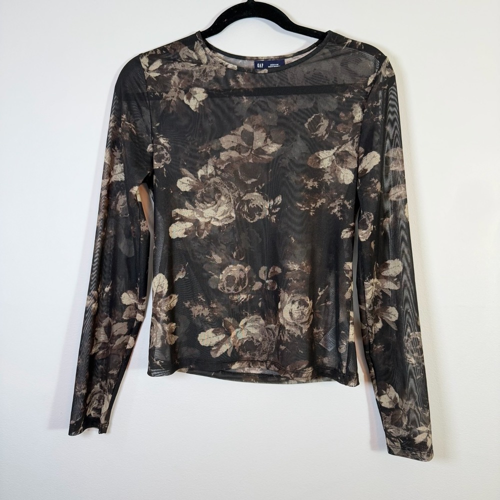 GAP Floral Sheer Long Sleeve Top Black Dark Romantic Whimsy Goth Fairy Grunge M